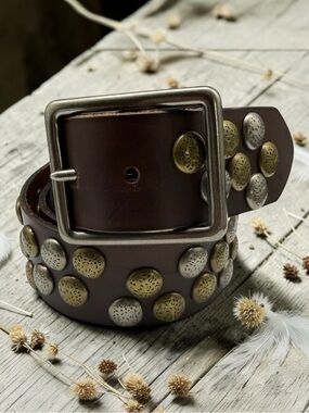 bed stu HEWITT  Leather Studded Belt Brown  Silver Gold Rivets Size M 31-36 Boho